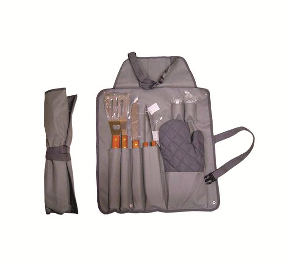 Kit churrasco com 7 peças com cabo de madeira